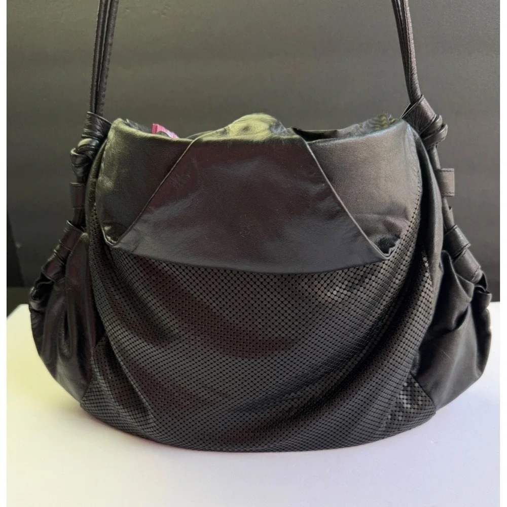 Whiting & Davis Black Mesh Metal Shoulder Bag Vintage 80s Leather L Hobo Slouchy